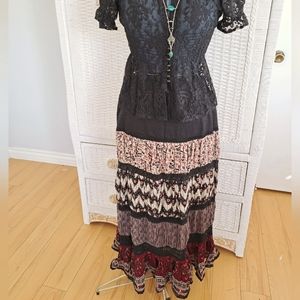 Willi Smith SZ 10 Tiered Black Multi Pattern/Lace Crinkle Maxi Cotton Skirt NWOT